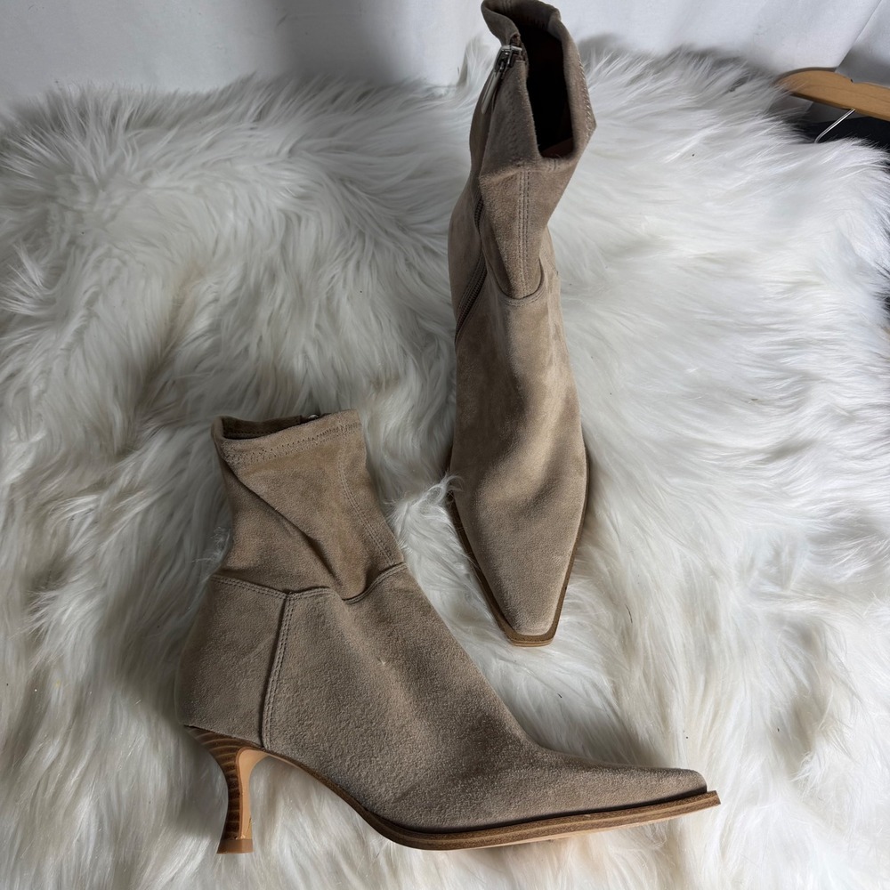 Steve Madden Stasia Tan Suede Pointed Toe Kitten Heel Ankle Sock Boots Size 6.5M